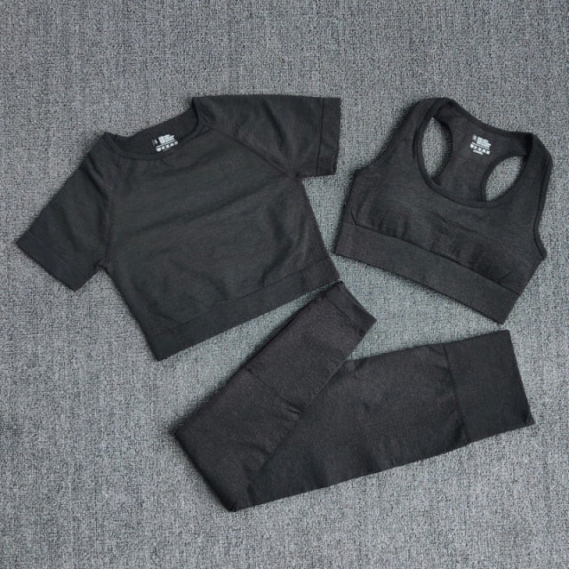 3PCS Seamless Women's Sportswear Yoga Set featuring a crop top and high waist leggings in various colors.
