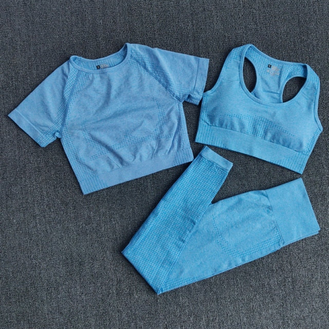 3PCS Seamless Women's Sportswear Yoga Set featuring a crop top and high waist leggings in various colors.