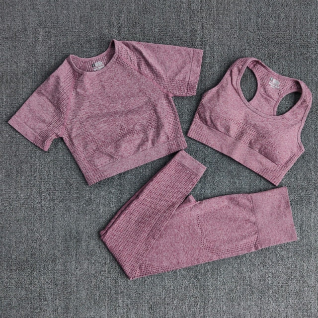 3PCS Seamless Women's Sportswear Yoga Set featuring a crop top and high waist leggings in various colors.
