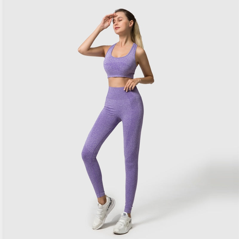 3PCS Seamless Women's Sportswear Yoga Set featuring a crop top and high waist leggings in various colors.