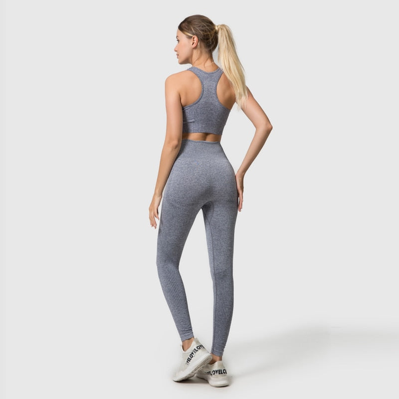3PCS Seamless Women's Sportswear Yoga Set featuring a crop top and high waist leggings in various colors.
