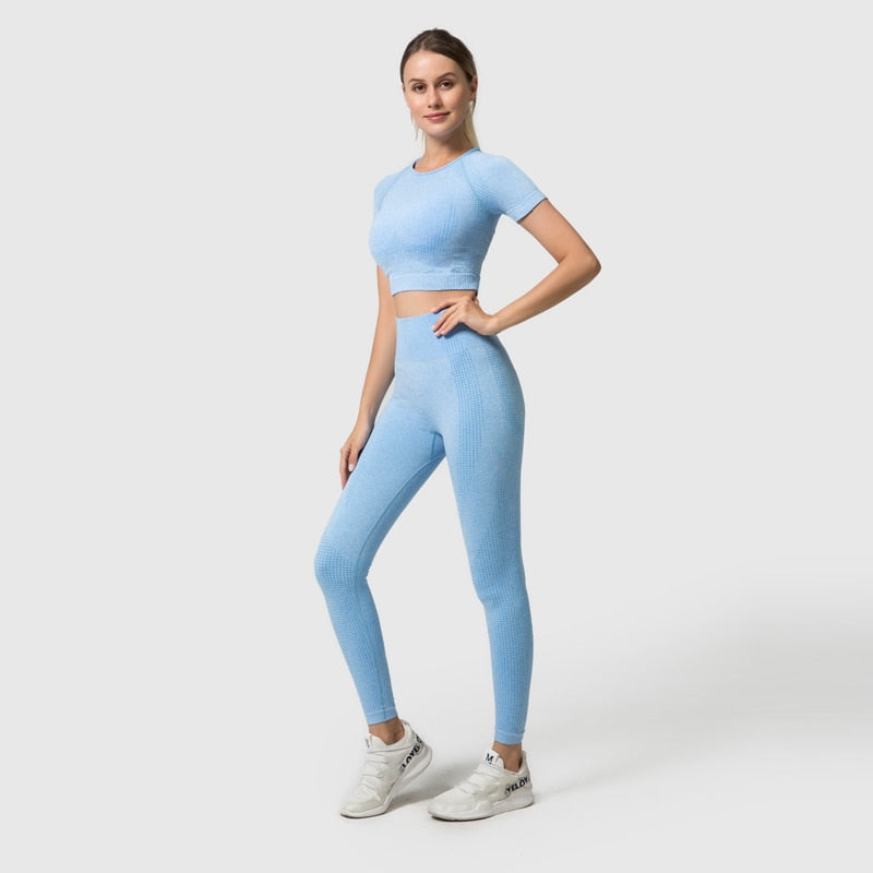 3PCS Seamless Women's Sportswear Yoga Set featuring a crop top and high waist leggings in various colors.