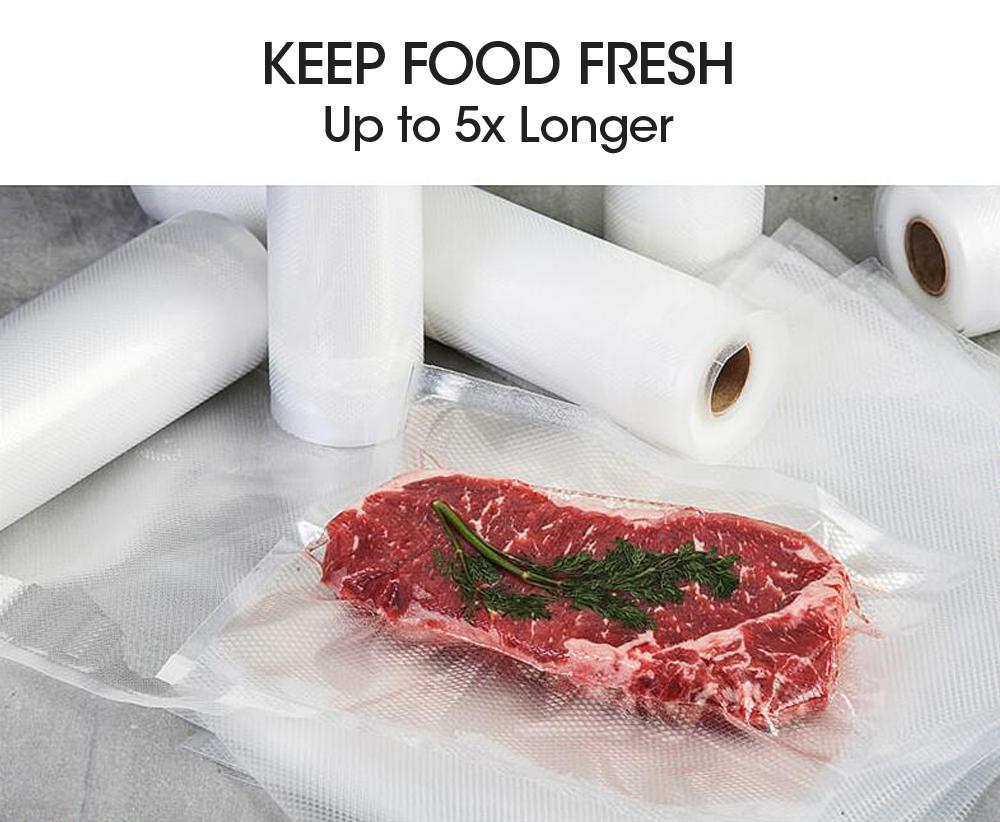 Three rolls of heavy-duty vacuum food sealer bags, showcasing their thickness and multi-layer construction for optimal food preservation.