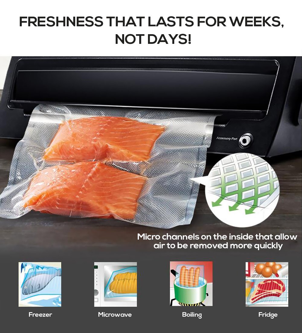 Three rolls of heavy-duty vacuum food sealer bags, showcasing their thickness and multi-layer construction for optimal food preservation.