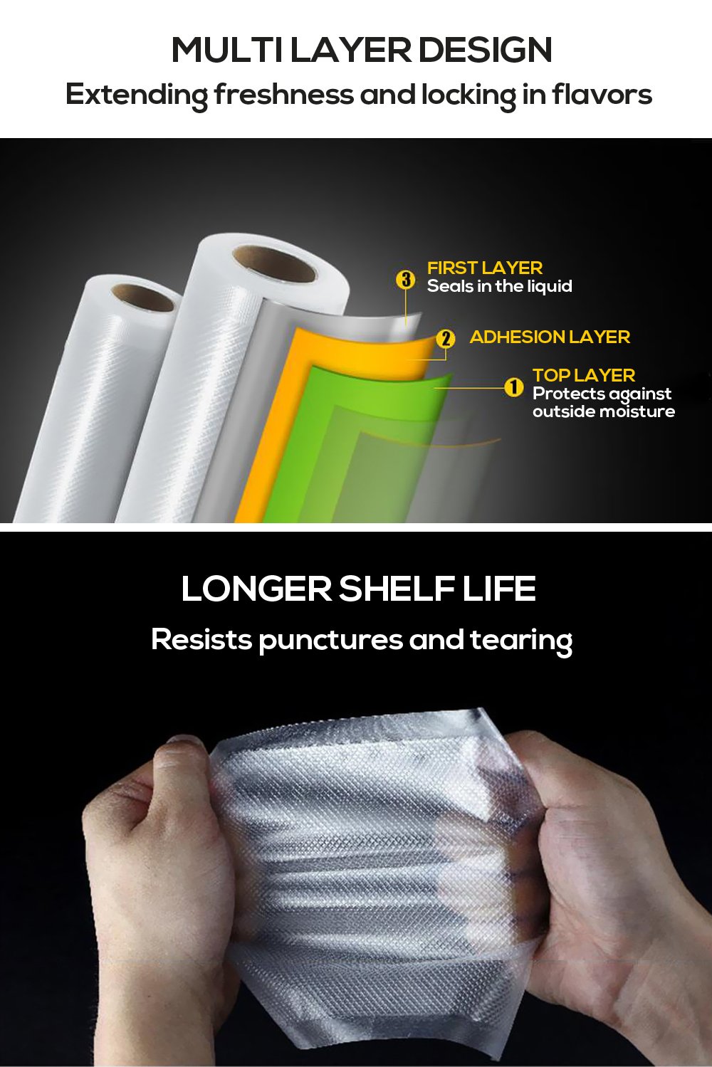 Three rolls of heavy-duty vacuum food sealer bags, showcasing their thickness and multi-layer construction for optimal food preservation.