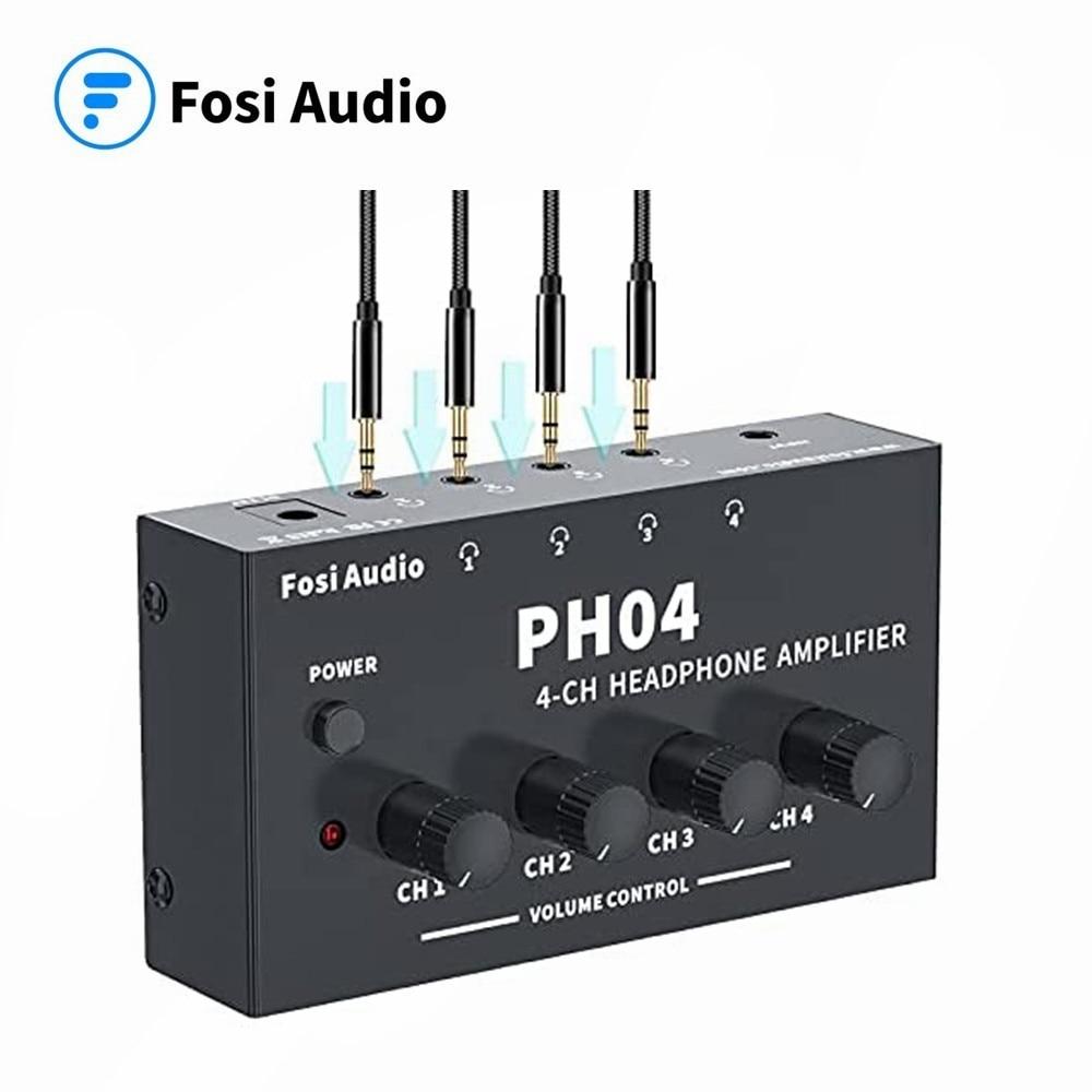 4 Channel Headphone Amplifier in a sleek metal design, showcasing its compact size and multiple headphone outputs.