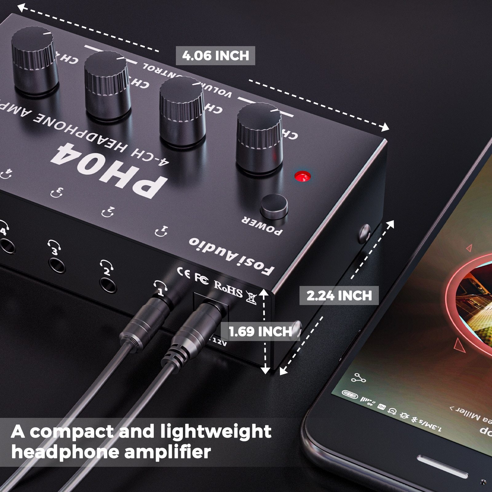 4 Channel Headphone Amplifier in a sleek metal design, showcasing its compact size and multiple headphone outputs.