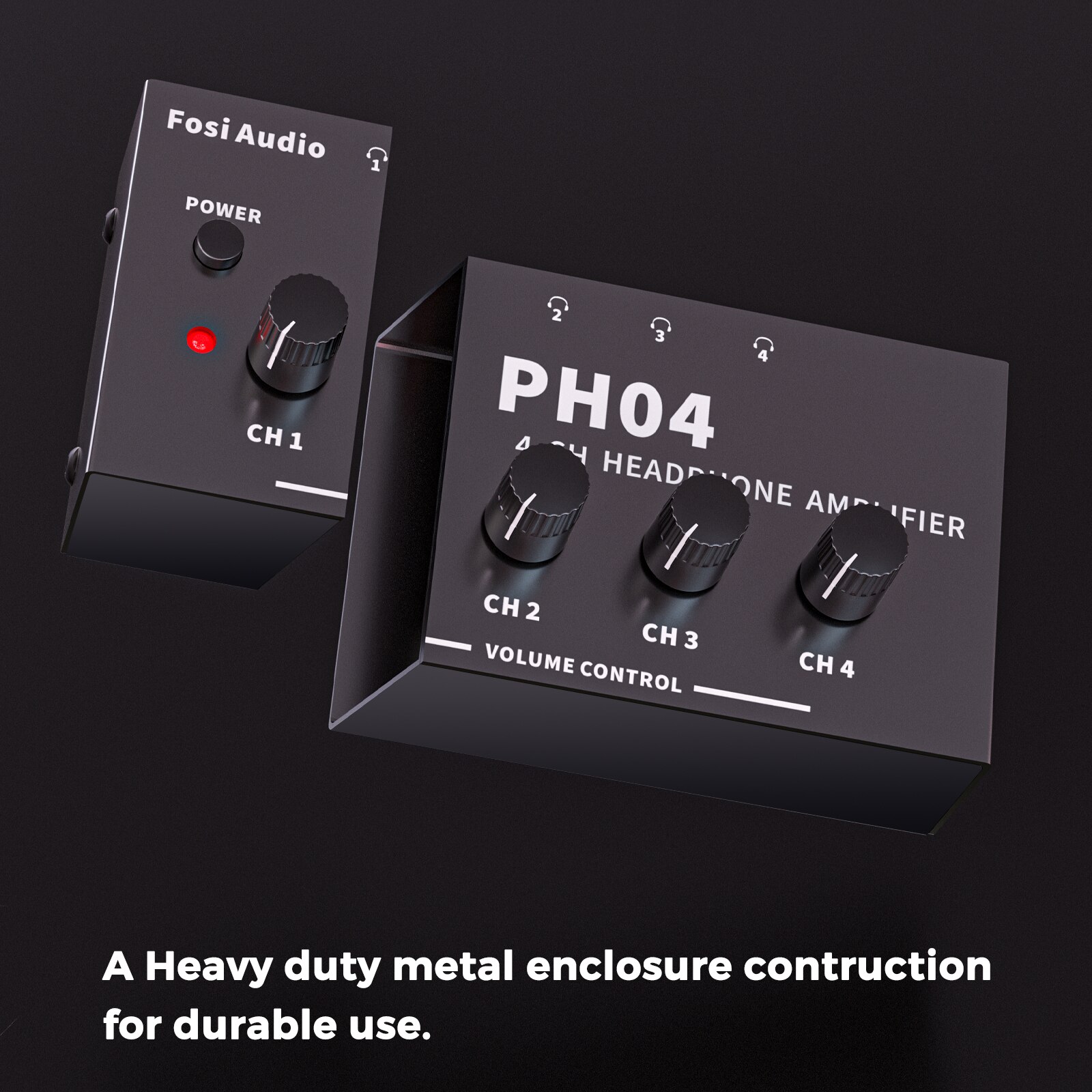 4 Channel Headphone Amplifier in a sleek metal design, showcasing its compact size and multiple headphone outputs.