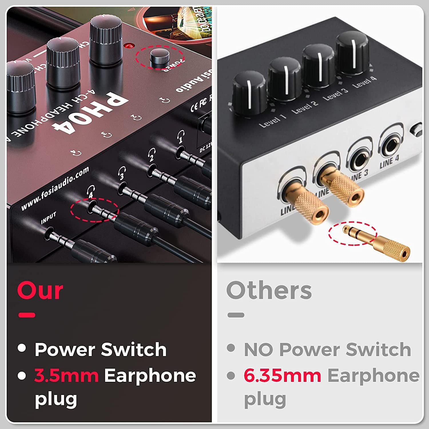 4 Channel Headphone Amplifier in a sleek metal design, showcasing its compact size and multiple headphone outputs.