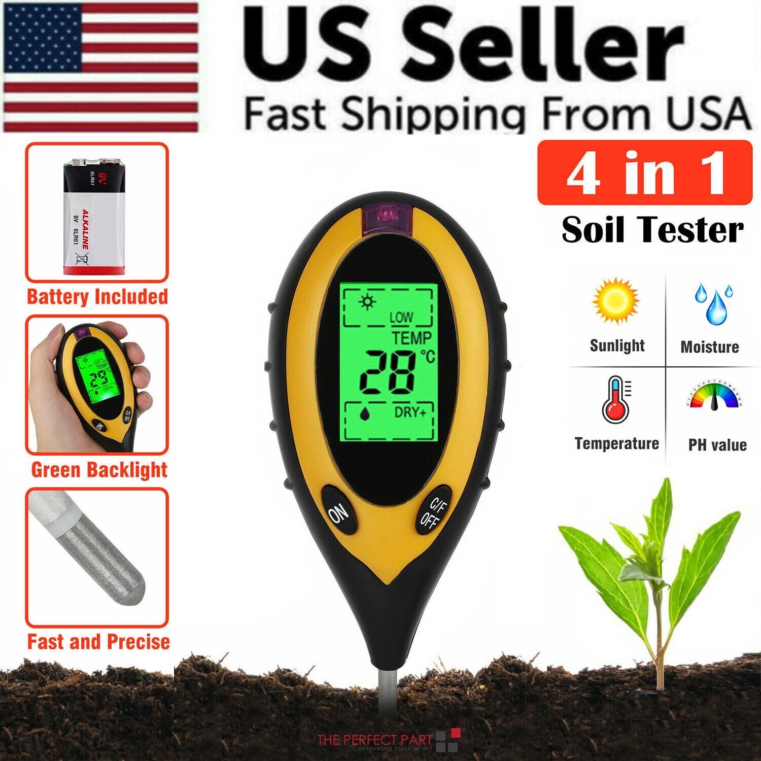 4 In 1 LCD Digital Soil Tester displaying pH, moisture, temperature, and sunlight readings with a large LCD screen.