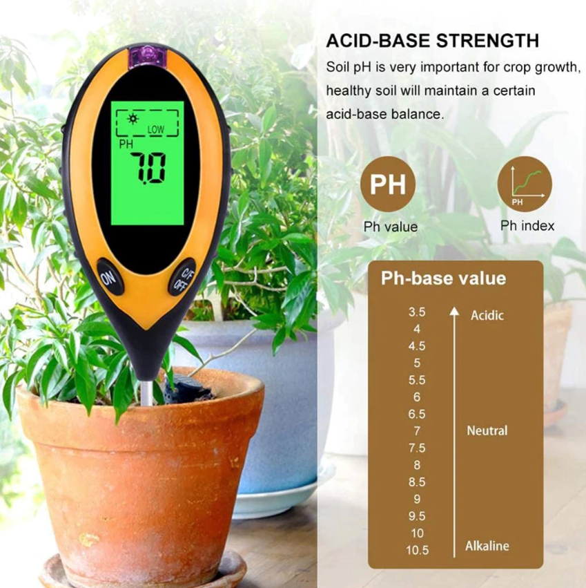 4 In 1 LCD Digital Soil Tester displaying pH, moisture, temperature, and sunlight readings with a large LCD screen.