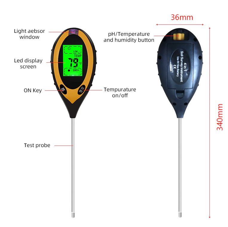 4 In 1 LCD Digital Soil Tester displaying pH, moisture, temperature, and sunlight readings with a large LCD screen.