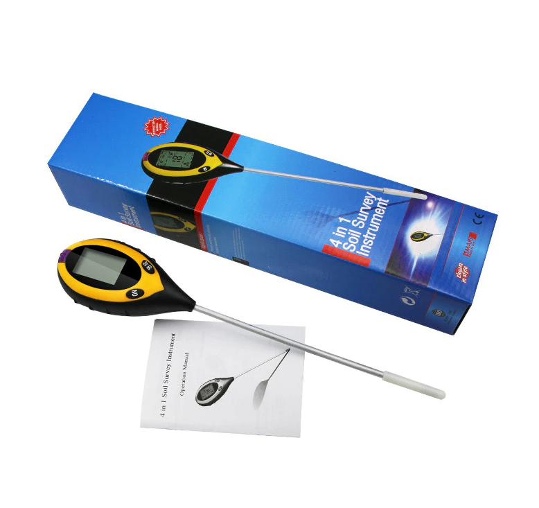4 In 1 LCD Digital Soil Tester displaying pH, moisture, temperature, and sunlight readings with a large LCD screen.