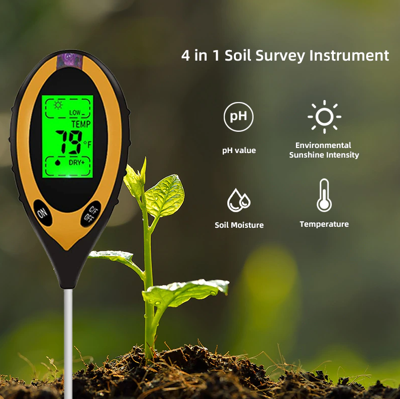 4 In 1 LCD Digital Soil Tester displaying pH, moisture, temperature, and sunlight readings with a large LCD screen.