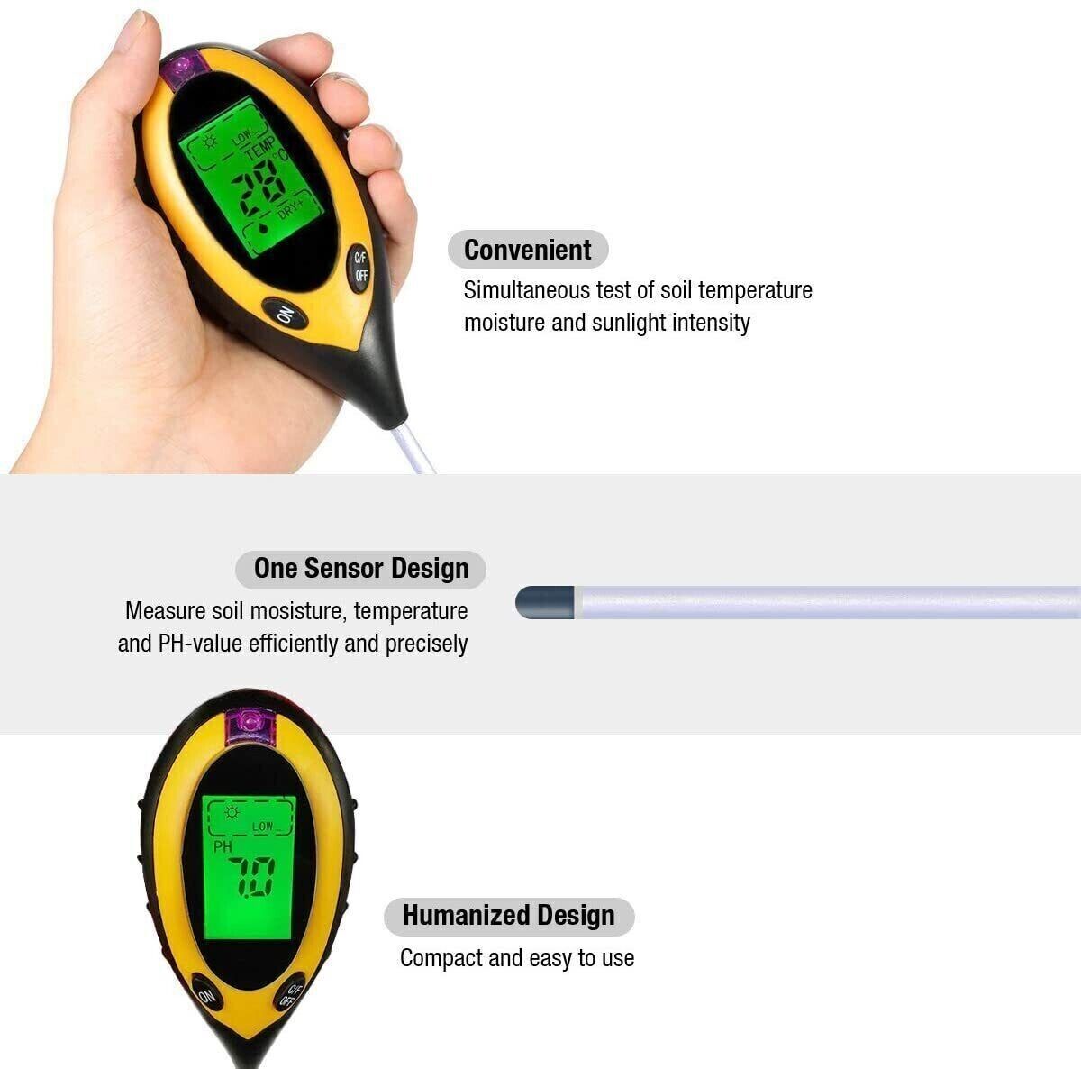 4 In 1 LCD Digital Soil Tester displaying pH, moisture, temperature, and sunlight readings with a large LCD screen.