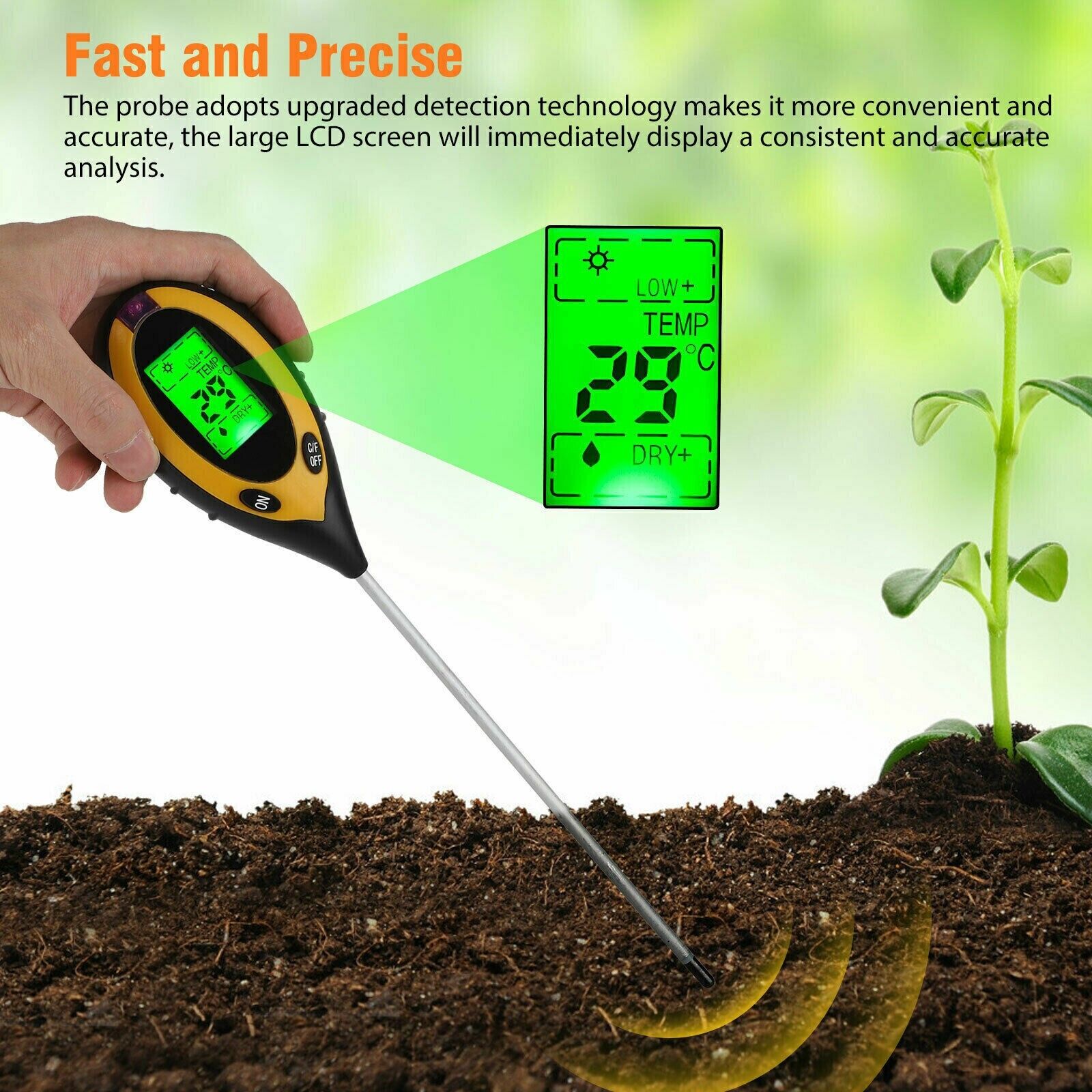 4 In 1 LCD Digital Soil Tester displaying pH, moisture, temperature, and sunlight readings with a large LCD screen.