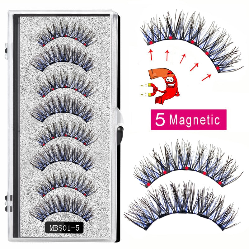 4 pairs of 5 Magnet Magnetic False Eyelashes displayed in elegant packaging, showcasing their soft and natural mink texture.