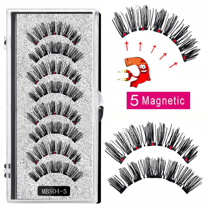 4 pairs of 5 Magnet Magnetic False Eyelashes displayed in elegant packaging, showcasing their soft and natural mink texture.