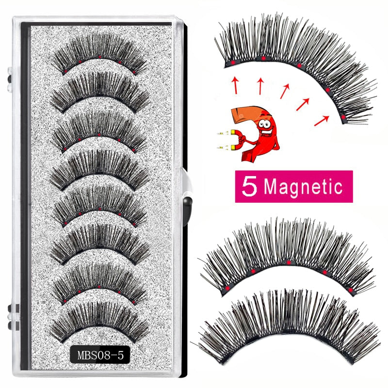 4 pairs of 5 Magnet Magnetic False Eyelashes displayed in elegant packaging, showcasing their soft and natural mink texture.