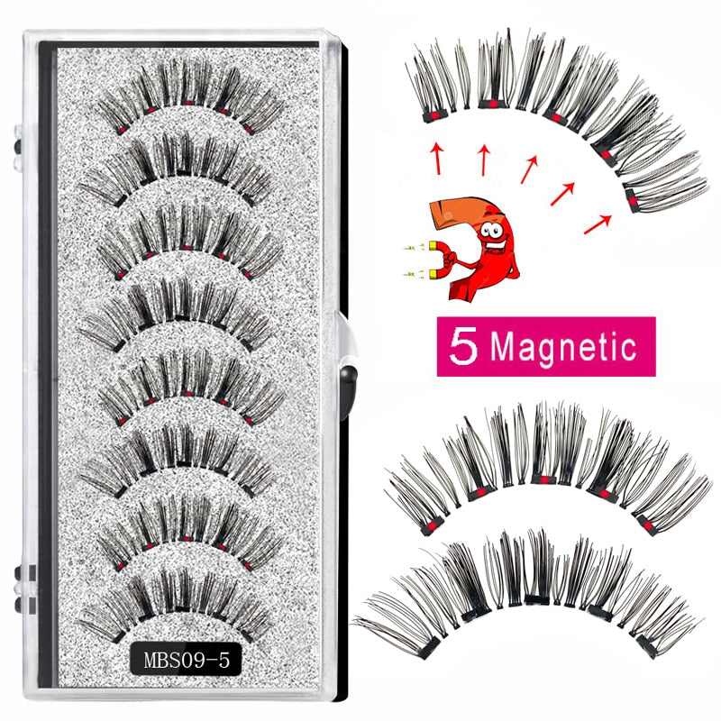 4 pairs of 5 Magnet Magnetic False Eyelashes displayed in elegant packaging, showcasing their soft and natural mink texture.