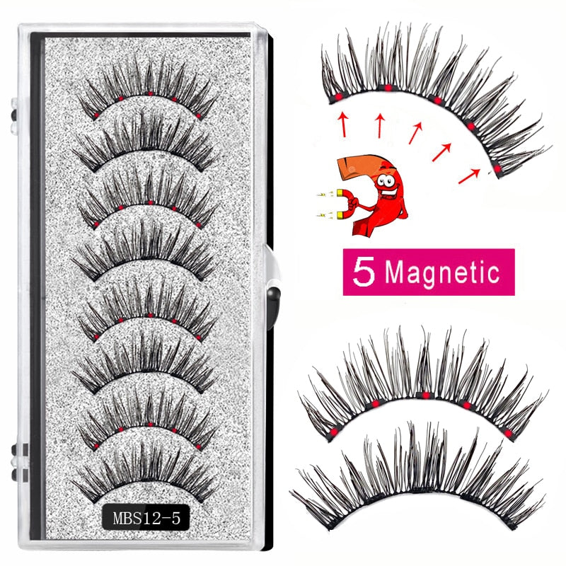 4 pairs of 5 Magnet Magnetic False Eyelashes displayed in elegant packaging, showcasing their soft and natural mink texture.