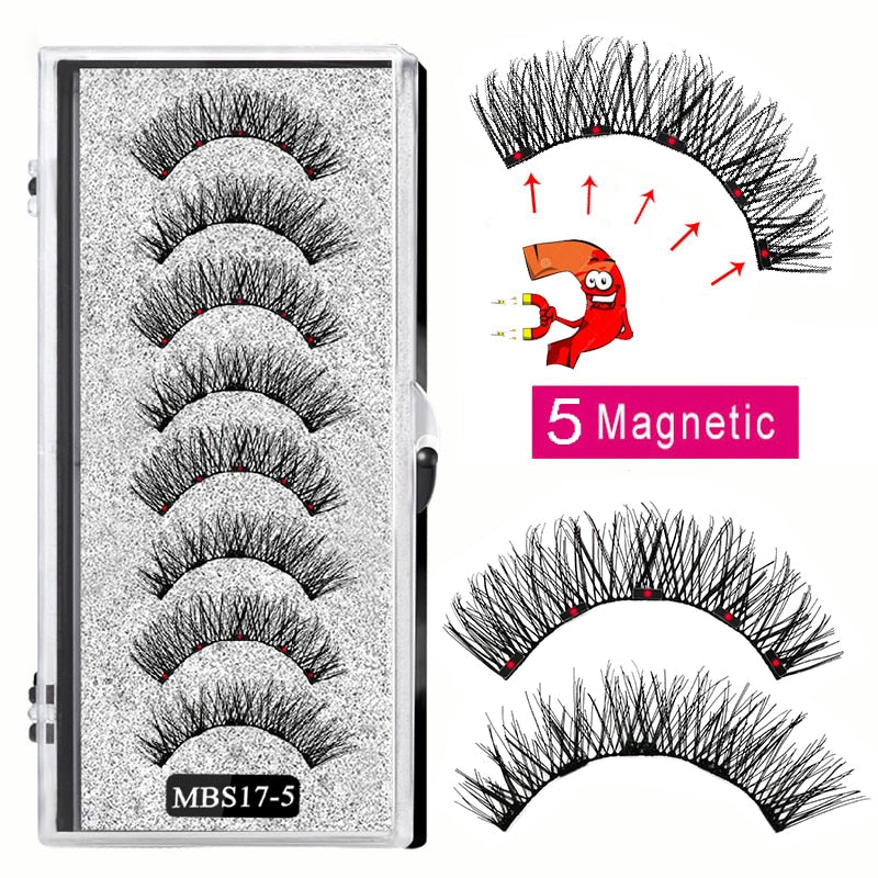 4 pairs of 5 Magnet Magnetic False Eyelashes displayed in elegant packaging, showcasing their soft and natural mink texture.