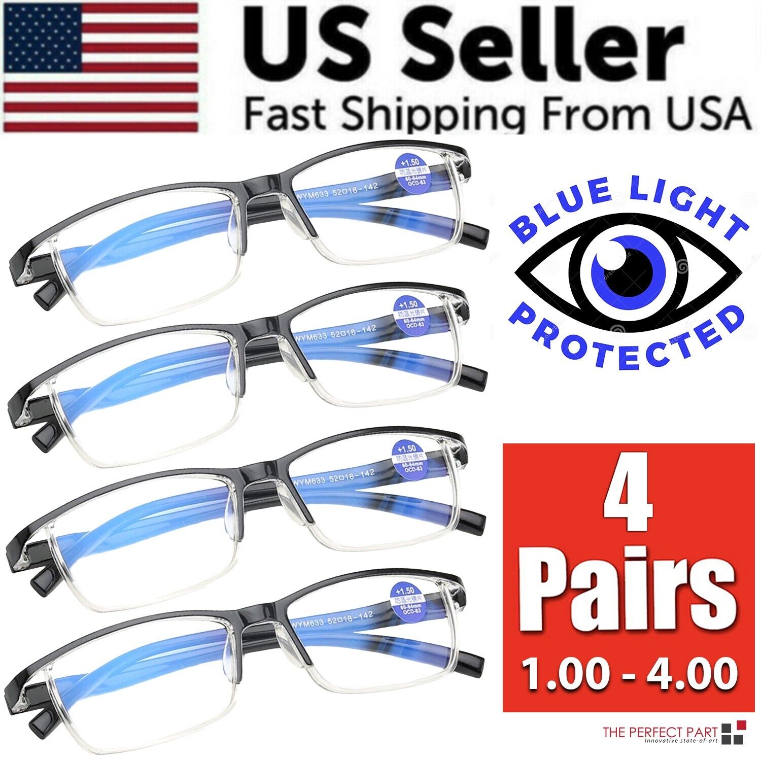Four pairs of stylish anti-blue light reading glasses with HD lenses and spring hinges, suitable for both men and women.