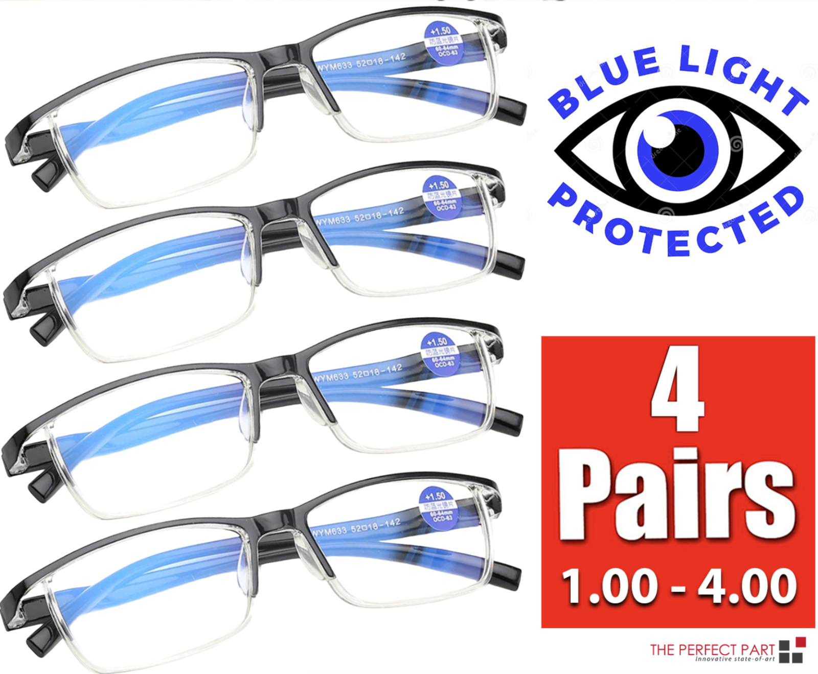 Four pairs of stylish anti-blue light reading glasses with HD lenses and spring hinges, suitable for both men and women.