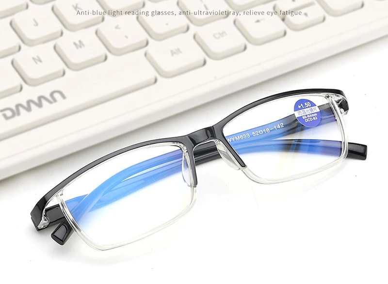 Four pairs of stylish anti-blue light reading glasses with HD lenses and spring hinges, suitable for both men and women.
