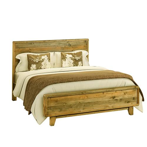 4 Pieces Bedroom Suite King Size in Solid Wood Antique Design featuring a rustic bed, two bedside tables, and a tallboy dresser in light brown.