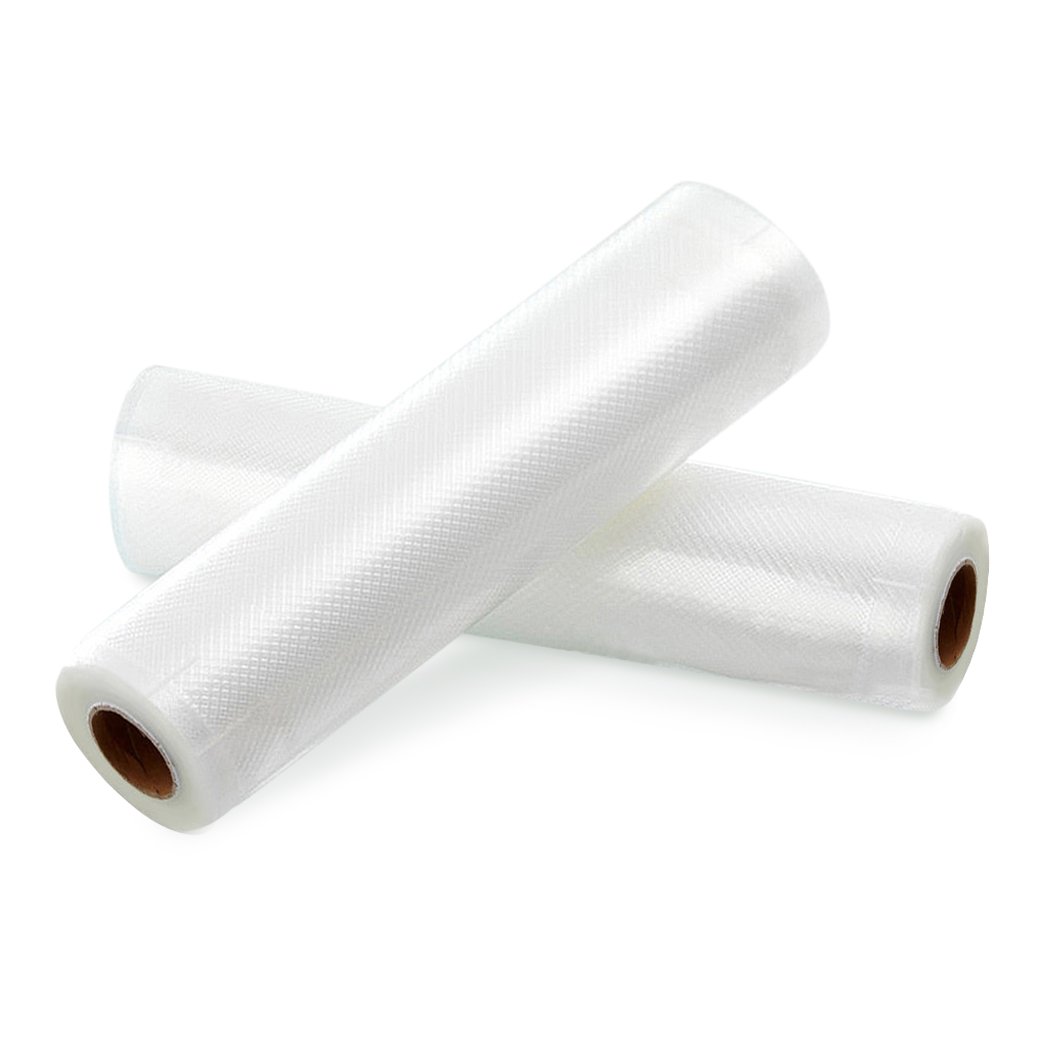 Four rolls of vacuum food sealer bags, clear and embossed, designed for food preservation and storage.