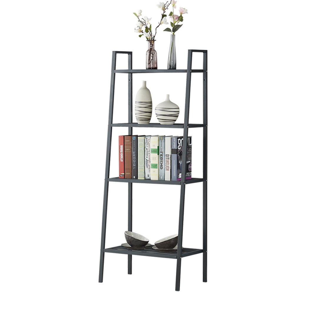 4 Tier Ladder Shelf Unit in black, showcasing its sturdy iron construction and stylish design, perfect for books and decorative items.