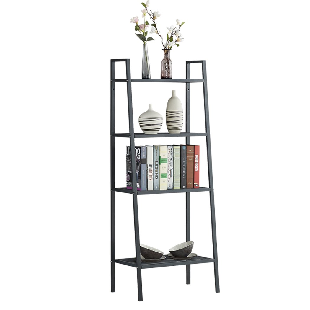 4 Tier Ladder Shelf Unit in black, showcasing its sturdy iron construction and stylish design, perfect for books and decorative items.