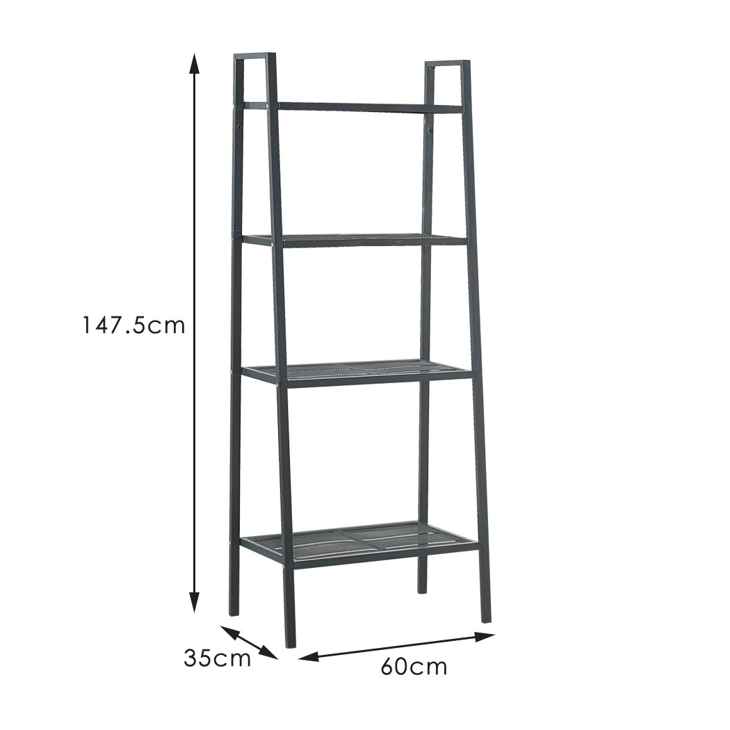 4 Tier Ladder Shelf Unit in black, showcasing its sturdy iron construction and stylish design, perfect for books and decorative items.