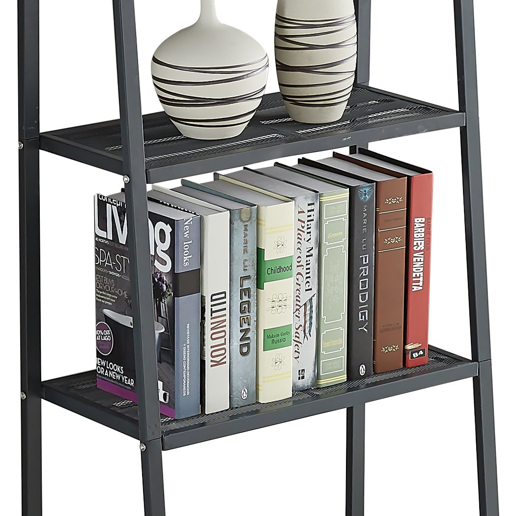 4 Tier Ladder Shelf Unit in black, showcasing its sturdy iron construction and stylish design, perfect for books and decorative items.