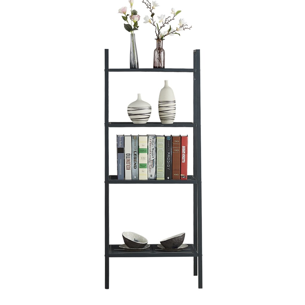 4 Tier Ladder Shelf Unit in black, showcasing its sturdy iron construction and stylish design, perfect for books and decorative items.