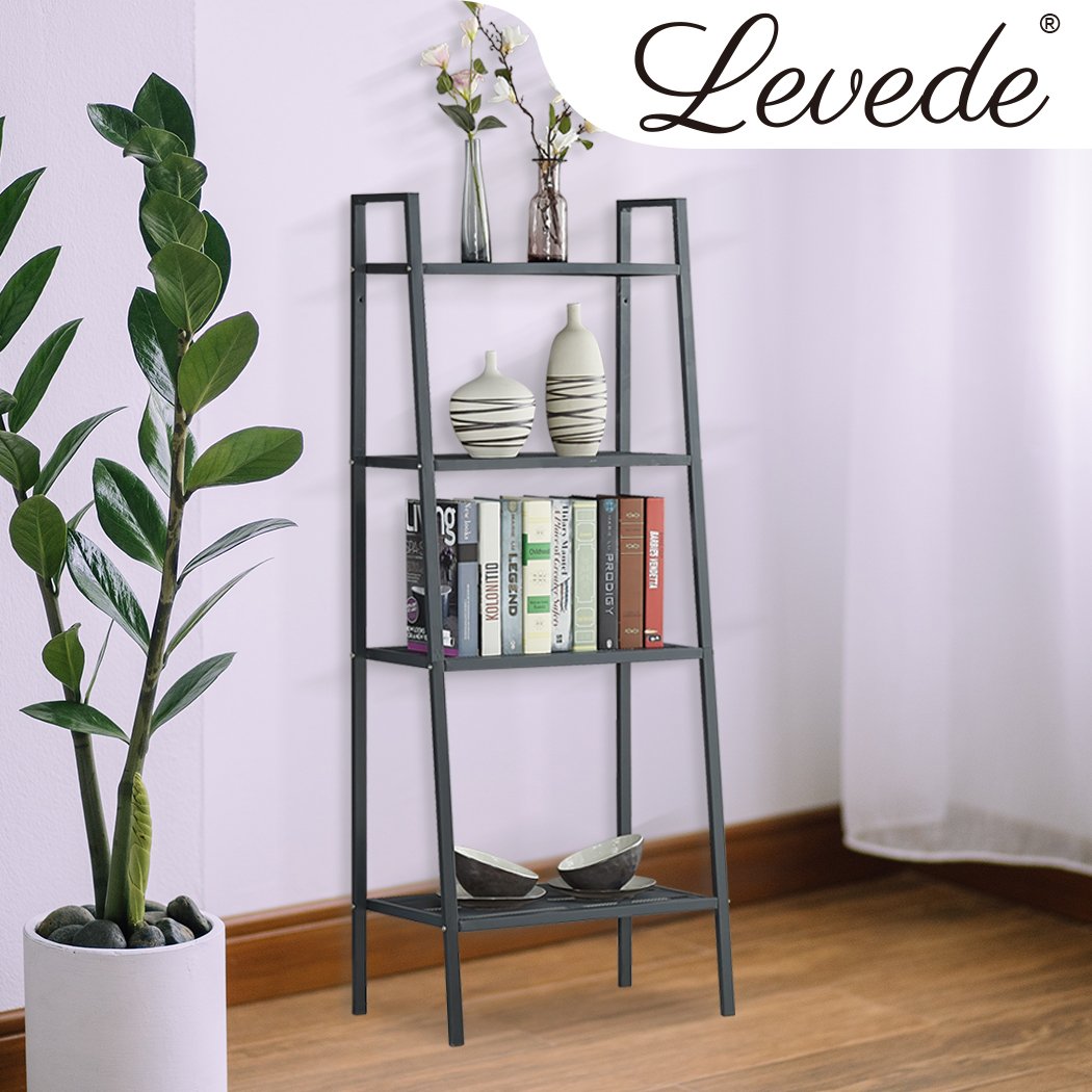 4 Tier Ladder Shelf Unit in black, showcasing its sturdy iron construction and stylish design, perfect for books and decorative items.