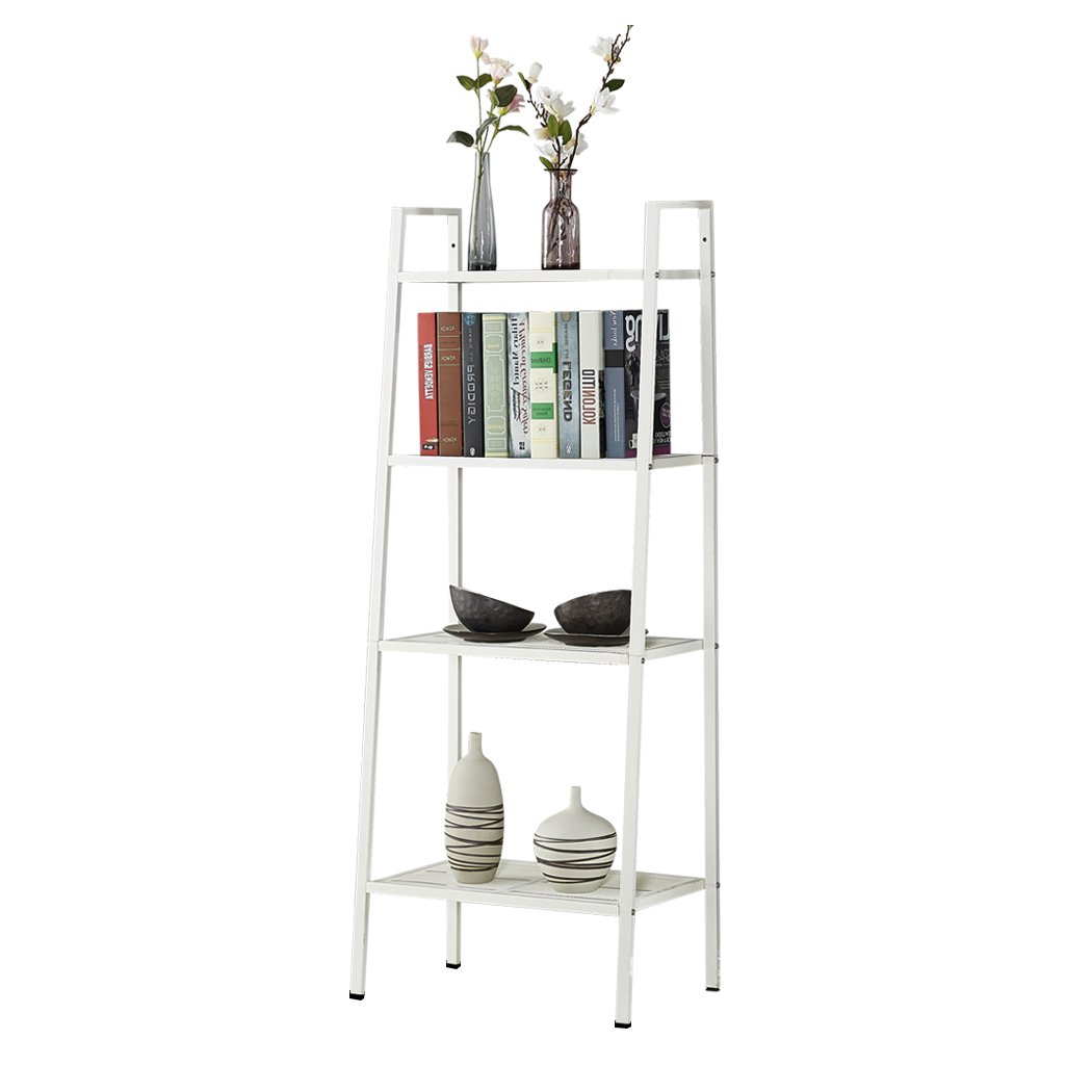 4 Tier Ladder Shelf Unit in white, showcasing books and decorative items on its shelves.