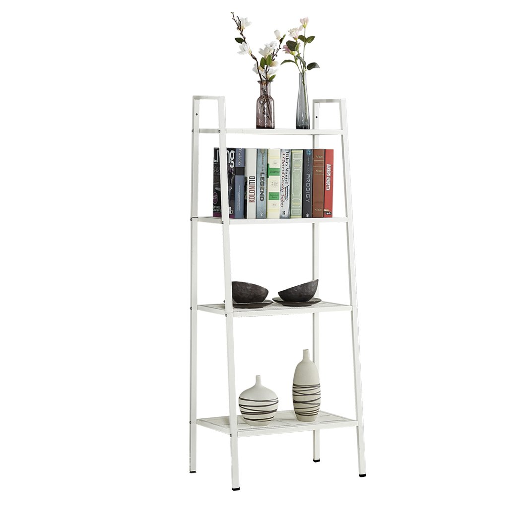 4 Tier Ladder Shelf Unit in white, showcasing books and decorative items on its shelves.