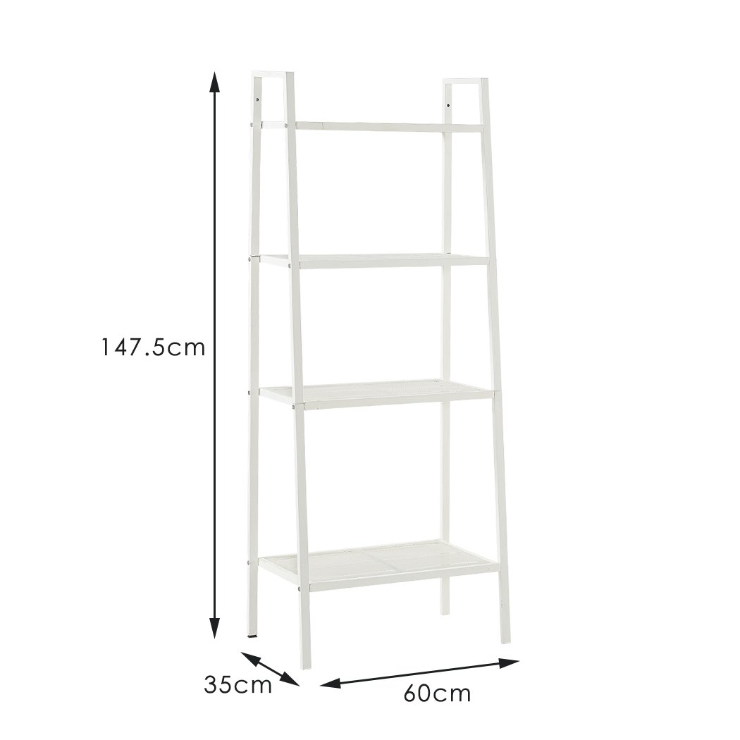 4 Tier Ladder Shelf Unit in white, showcasing books and decorative items on its shelves.