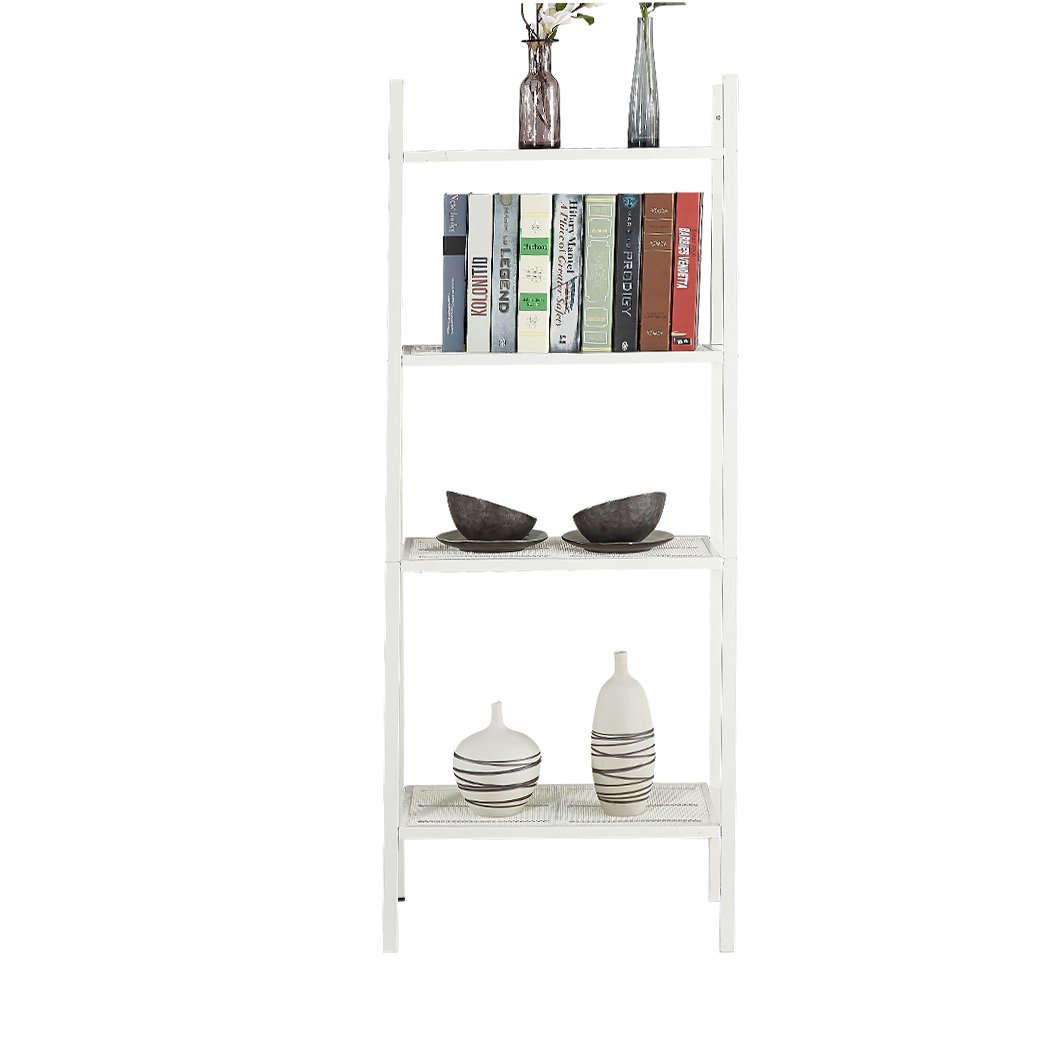 4 Tier Ladder Shelf Unit in white, showcasing books and decorative items on its shelves.