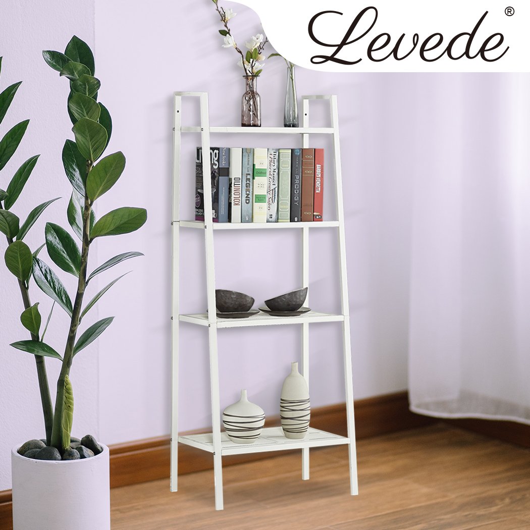 4 Tier Ladder Shelf Unit in white, showcasing books and decorative items on its shelves.