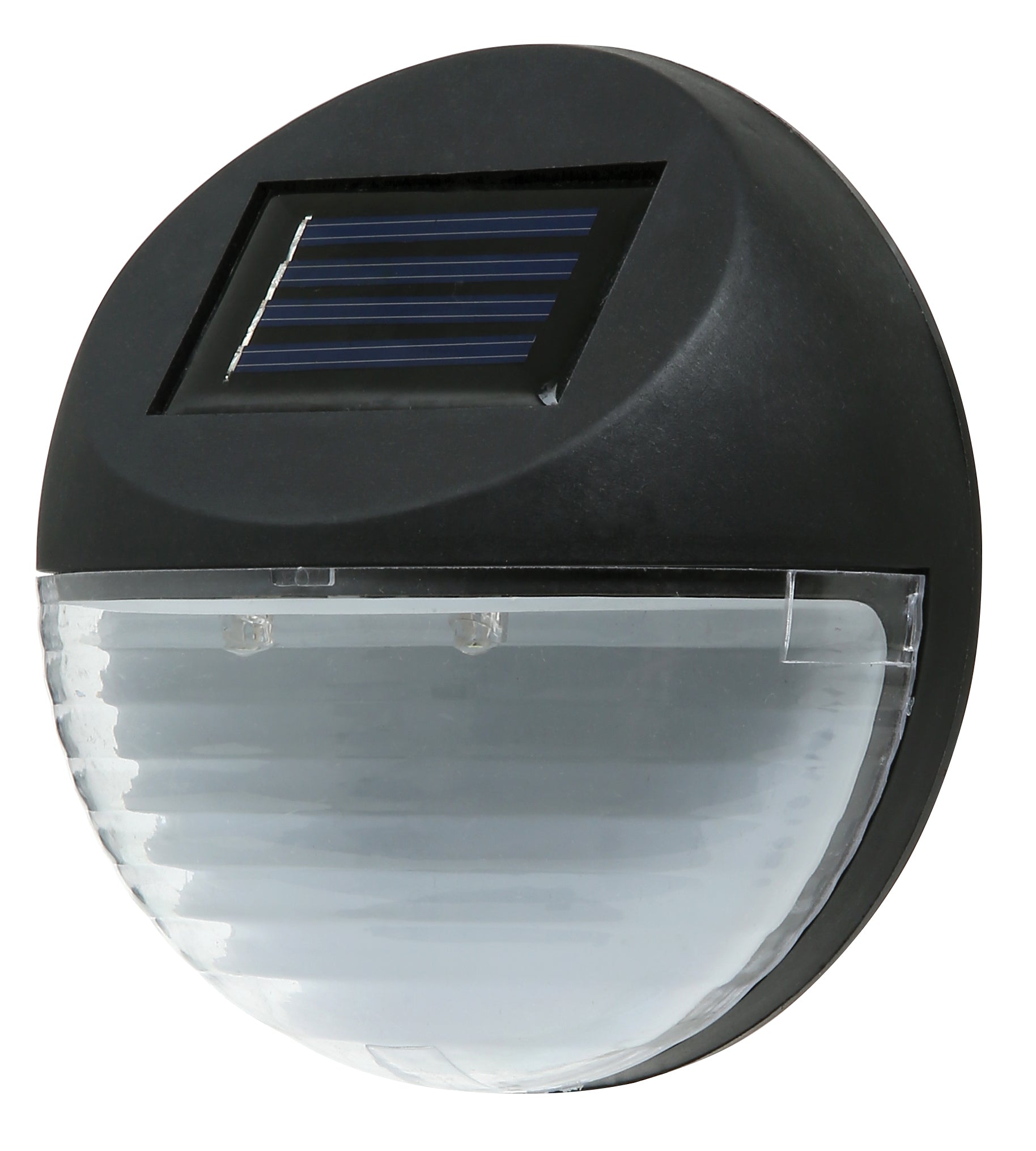 Four round solar-powered LED fence lights designed for outdoor use, showcasing a sleek black finish and bright illumination.