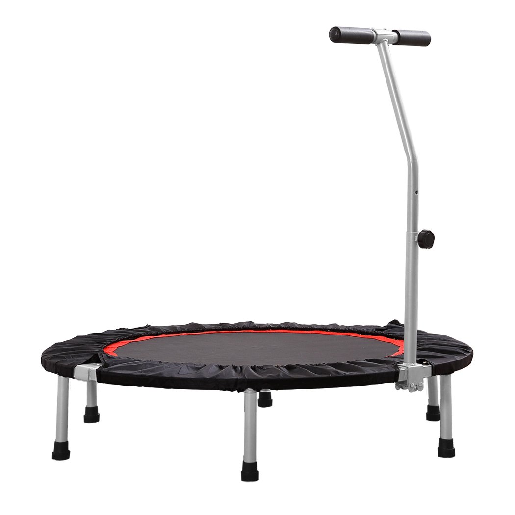 A 40-inch foldable fitness trampoline with a handrail, designed for cardio workouts and weight loss, featuring a sturdy construction and adjustable height.