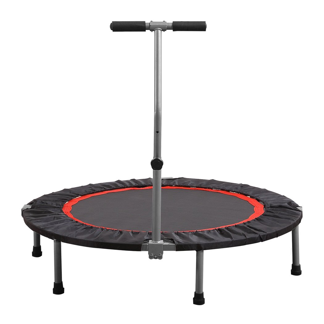 A 40-inch foldable fitness trampoline with a handrail, designed for cardio workouts and weight loss, featuring a sturdy construction and adjustable height.