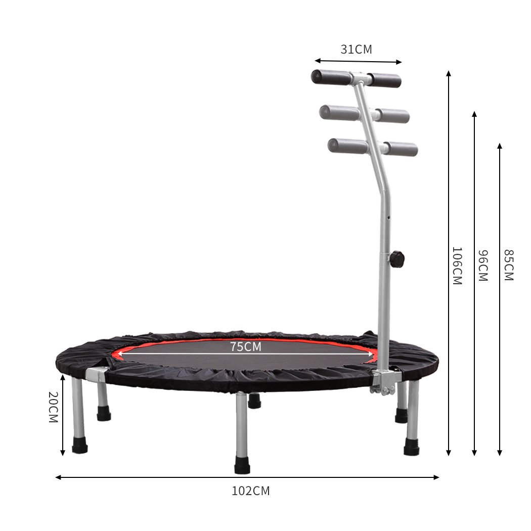A 40-inch foldable fitness trampoline with a handrail, designed for cardio workouts and weight loss, featuring a sturdy construction and adjustable height.