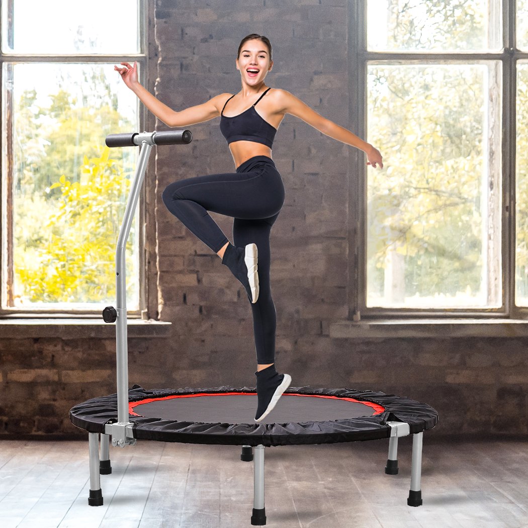 A 40-inch foldable fitness trampoline with a handrail, designed for cardio workouts and weight loss, featuring a sturdy construction and adjustable height.
