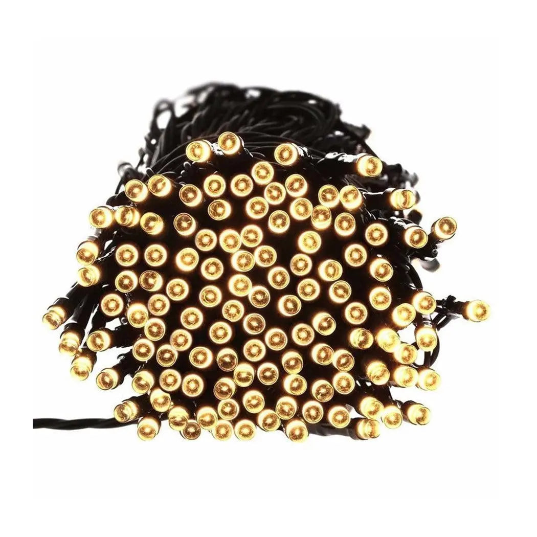 42M 400LED solar-powered fairy lights with warm white glow, perfect for garden and festive decor.