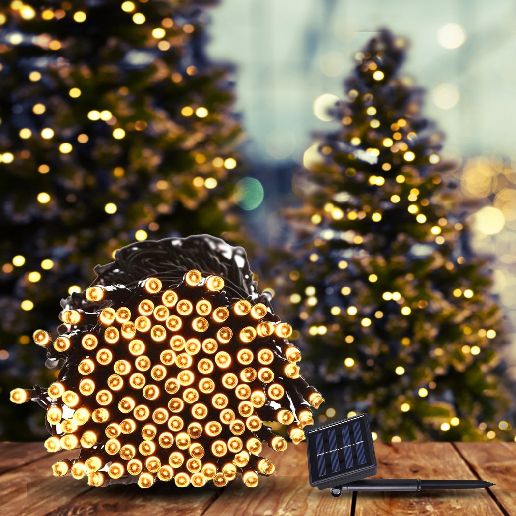 42M 400LED solar-powered fairy lights with warm white glow, perfect for garden and festive decor.