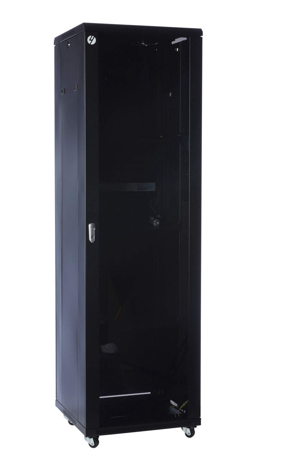 42RU 600mm Wide x 600mm Deep Server Rack with lockable doors and shelves, showcasing its robust design and security features.